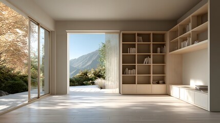 Fototapeta premium Spacious empty room with minimalist wooden wall cabinets and shelving, floor-to-ceiling sliding glass doors opening to a terrace, soft light.