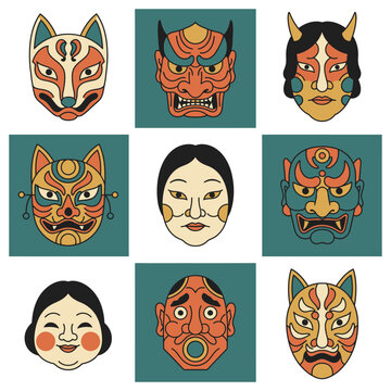 Collection of traditional Japanese masks including Kitsune, Hannya, Oni, Okame, and Hyottoko, showcasing cultural folklore and theater art.