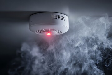 White smoke detector on a ceiling with glowing red light indicator in a room filled with smoke