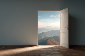 Open door in a dark empty room revealing a panoramic view of misty mountains at sunset