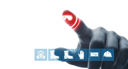 A neutral-toned hand presses a volumetric red safety button with a goggle icon on a high-tech interface, macro shot against a clinical white background. Concept of occupational health and safety