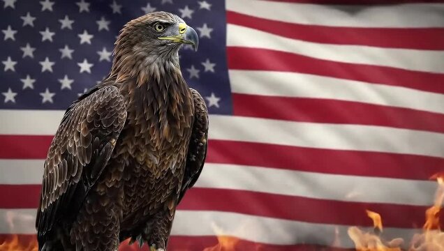 A majestic eagle stands proudly in front of a waving American flag, with flames licking at the bottom of the frame - majestic, eagle, stands, proudly, front, waving, american, flag, flames, licking,