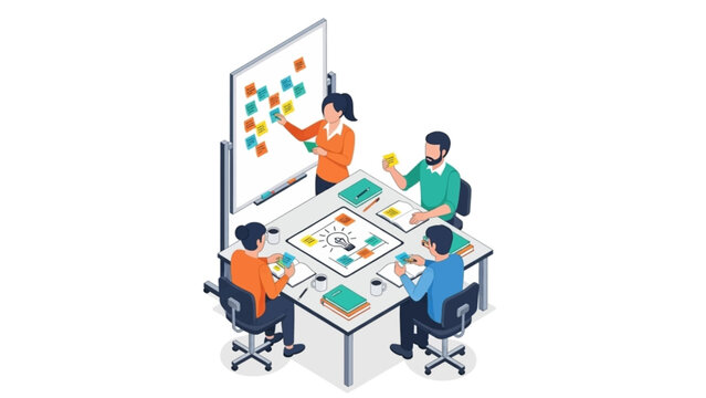 Isometric vector illustration of business people brainstorming and collaborating during a meeting using sticky notes on a whiteboard.