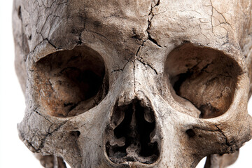 Skull close-up from above, isolated on white, ultra-detailed cracks and texture, 32