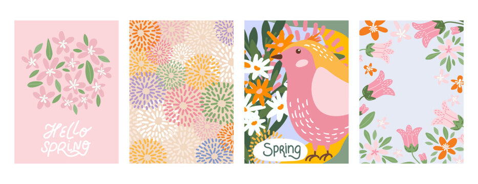 Cute spring card collection with flowers and birds. Hand drawn vector posters in pastel colors. Perfect for seasonal greetings, holiday invites and nursery wall art