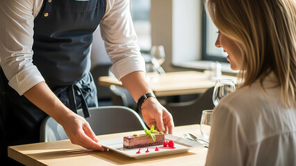 Waiter in apron carefully presenting an exquisite rectangular chocolate dessert topped with mint and raspberries to a smiling female customer at a restaurant table
