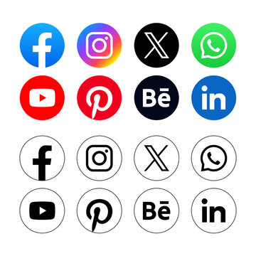 Set of Social media logo in white and color round background