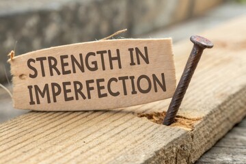 Rusty nail holds wooden board with strength in imperfection message
