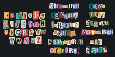 Scrapbook Month Collection with Cutout Collage Paper Alphabet Stickers A to Z, Trendy Story Date Design Set © Haider