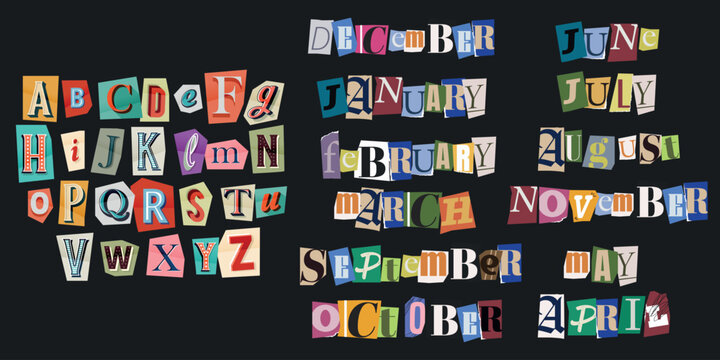 Scrapbook Month Collection with Cutout Collage Paper Alphabet Stickers A to Z, Trendy Story Date Design Set