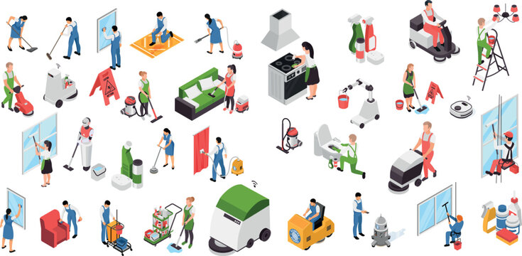 Professional Cleaning Service Isometric Set with Workers, Equipment and Janitorial Supplies Vector Illustration