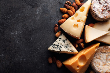 A selection of artisanal cheeses and nuts on a dark surface