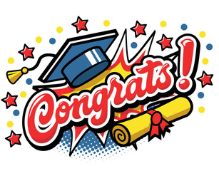 Congratulations graduates editable template for greeting, invitation card. Funny design template with graduation cap, diploma scroll and lettering. Vector on transparent background