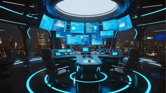 Futuristic control room with city view