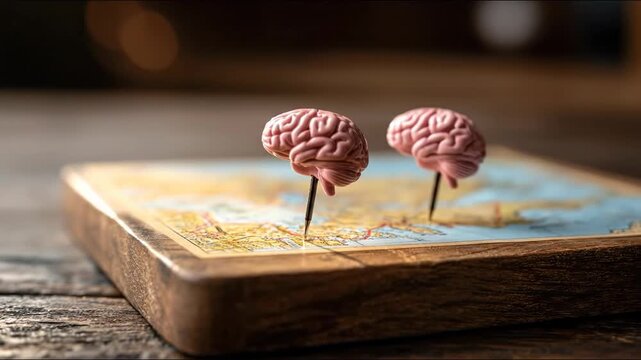 Pair of brain pins representing knowledge and connection in a creative and innovative context. Brain Pins on Map &ndash; Concept of Knowledge, Planning, and Strategic Thinking