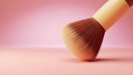 A minimalist, high-quality close-up of a soft makeup powder brush against a vibrant pink background. Ideal aesthetic image for cosmetic advertising materials, showcasing beauty tools with clean desig