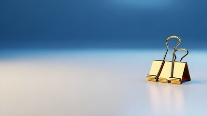 A golden binder clip is rendered in 3D on a glossy surface with a blue gradient backdrop. This minimalist image is perfect for high-end advertising materials and corporate design, emphasizing eleganc