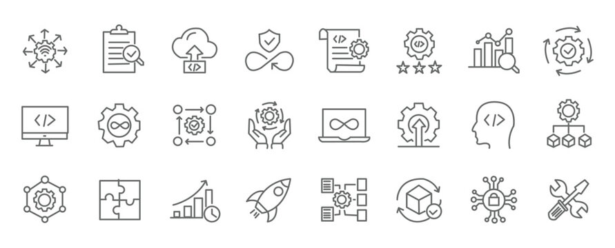 DevOps icon set. Software development and operations icon collection. Editable line icons. Vector illustration.