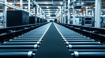 Fototapeta premium Empty conveyor belt system mockup with copy space in automated factory interior