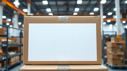 blank label cardboard box mockup in warehouse storage facility, copy space or empty space