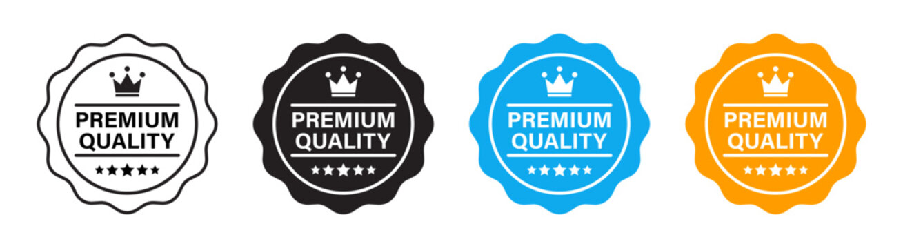 Premium quality badge icon set with decorative labels representing high standard product marking, trusted quality assurance, excellence guarantee and ecommerce marketing concept