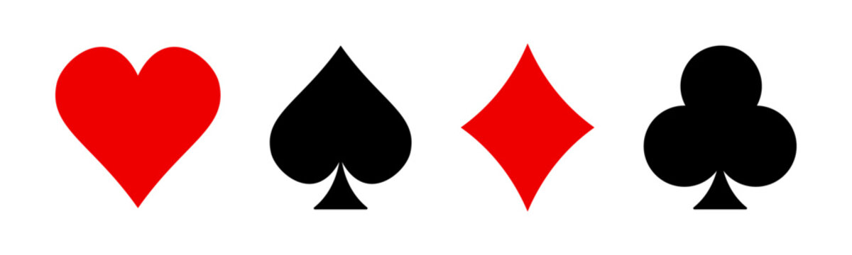 Playing card suit icon set with heart, spade, diamond and club symbols representing classic deck elements for casino, poker, gambling, game design