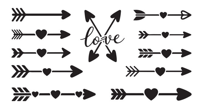 Set of black silhouette cupid arrows with heart shapes vintage ornamental dividers and calligraphic word love illustration