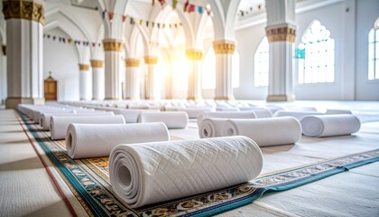 Rolled prayer mats in a mosque interior with arched ceilings and sunlight