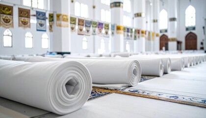Rolled prayer mats in mosque interior with white columns and decorative banners