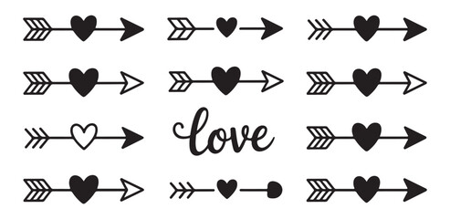 Set of decorative arrows with hearts and love text for valentine design elements