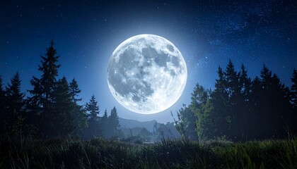 Full lunar light reflects over a dark forest and mountain landscape beneath a starry night sky with clouds over the blue sea