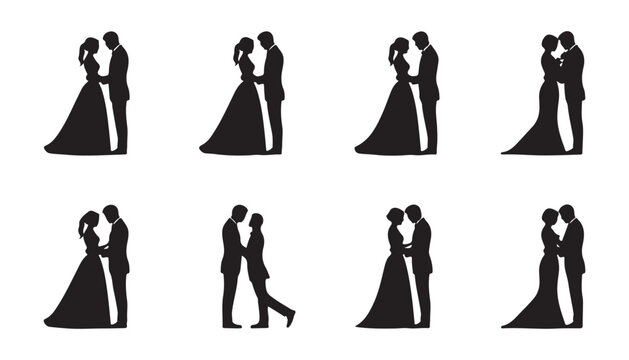 Eight bride and groom cake topper silhouettes collection for wedding celebration vector icons
