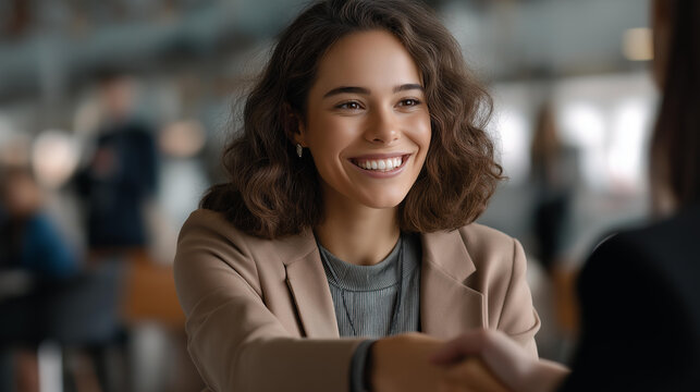 Faceless happy young businesswoman shaking hands with female partner coworker advisor consultant, candidate getting job after successful interview giving handshake to recruiter, defocused