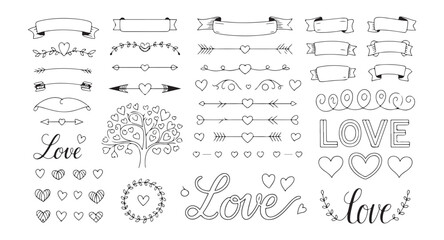 Set of hand drawn romantic black and white vector elements banners hearts arrows decorative borders