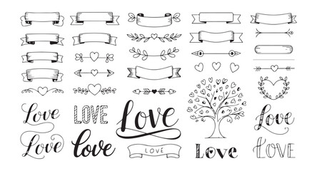 Hand drawn romantic vector elements including ribbons banners hearts tree and love text for design