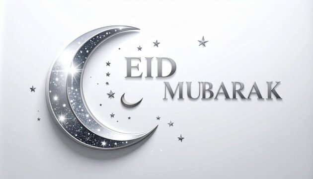 Eid Mubarak greeting with silver moon and stars