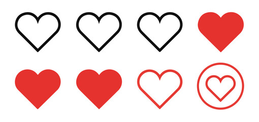 Interface icons showing different variations of heart shapes including outline solid fill and circular frame elements vector