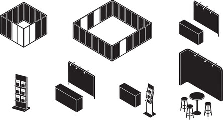 An illustrative array of trade show booth layouts and exhibit stands, highlighting diverse design options. 