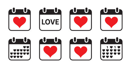 Collection of calendar icons with hearts and love symbols isolated on white background for design