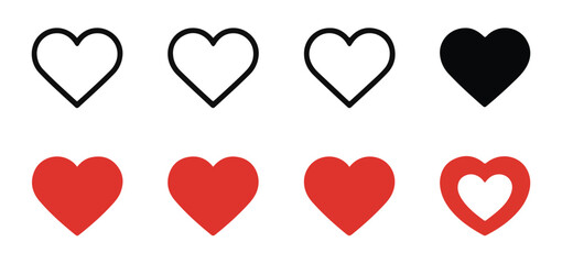 Eight different heart icons in red black and outline styles suitable for web design interface buttons and romantic graphics vector
