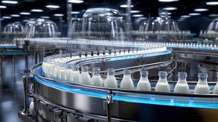 A conveyor belt with many bottles of milk on it