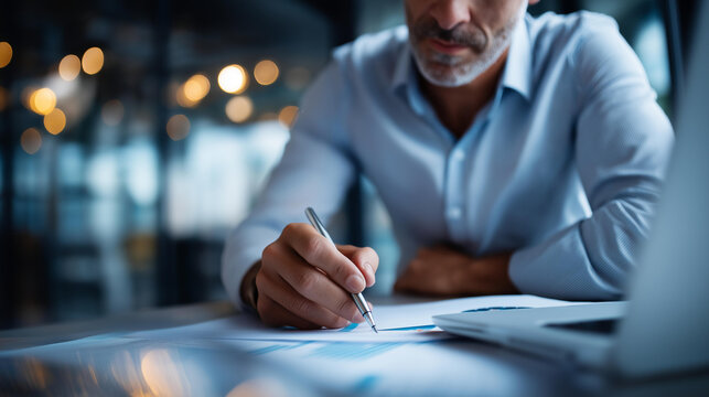 Faceless businessman manage digital procurement process with business contract invoice approval documents, representing B2B sourcing vendor management supply chain e-procurement, defocused