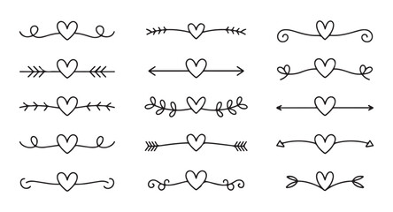 Decorative hand drawn heart dividers and flourish borders for wedding invitations and romantic card ornaments