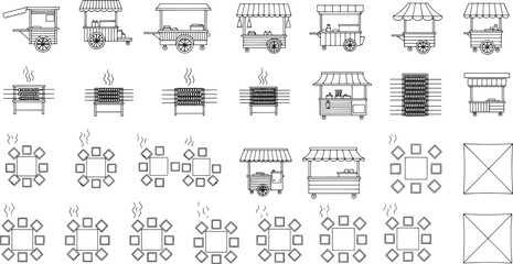A collection of street food cart illustration featuring with different designs and detailed architectural elements. Representing the diversity of urban food culture and catering business.