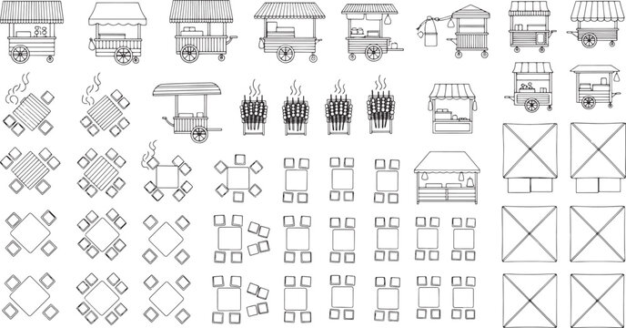 An array of detailed line art illustrations depicting various food cart designs, market stalls, seating arrangements, and cooking setups, capturing a complete market scene.