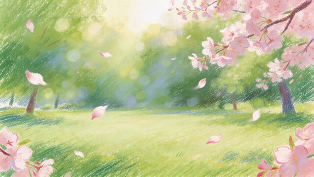 Soft spring background with drifting cherry blossom petals and copy space