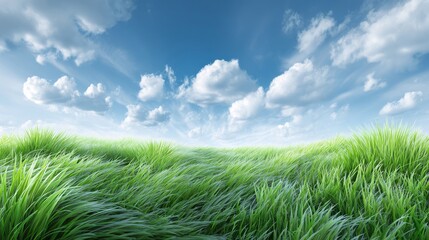 A field of grass with a blue sky in the background
