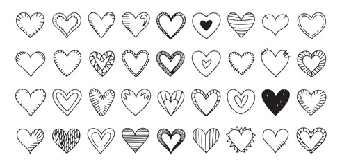 Set of 36 doodle heart icons drawn by hand in black outline on a white background