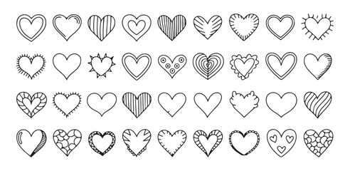 Set of 36 doodle heart icons with various line weights and fills in black outline on a white background