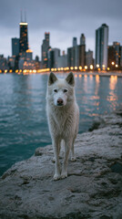 White Husky Dog Standing on Rocky Shoreline of Lake Michigan, Cinematic Urban Pet Portrait with Blurred Chicago City Skyline at Dusk